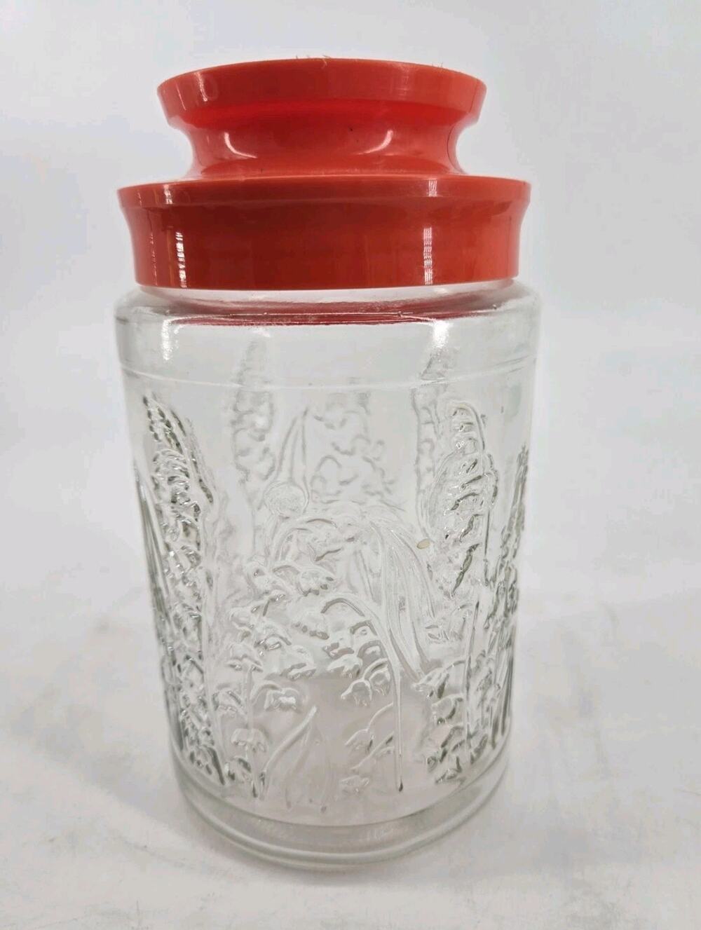 Vintage Anchor Hocking TANG Glass Jar 'LILIES Of The VALLEY' Orange Plastic Lid